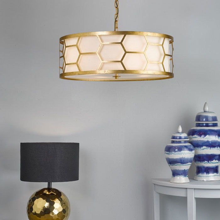 Dar Lighting Epstein 4 Light Pendant Gold With Ivory Shade & Glass Diffuser EPS0412