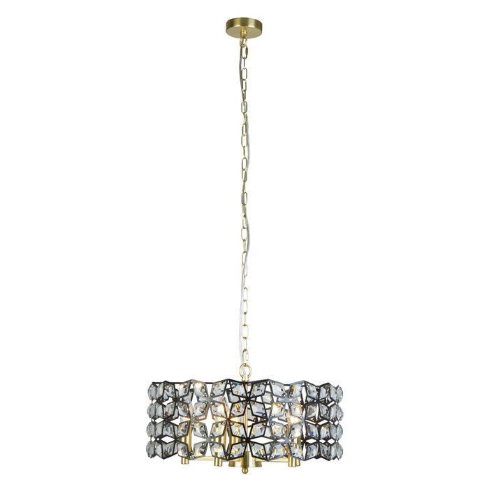Searchlight Iris 5-Light 48cm Round Pendant in Black Metal with Crystal & Brass 59811-5BSB