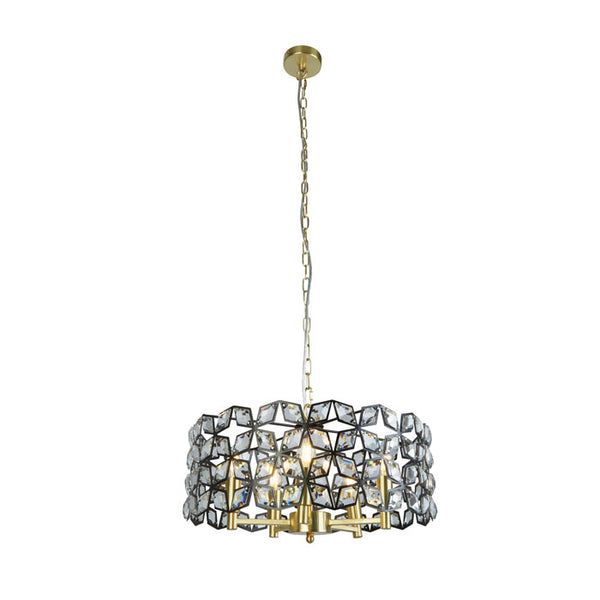 Searchlight Iris 5-Light 48cm Round Pendant in Black Metal with Crystal & Brass 59811-5BSB