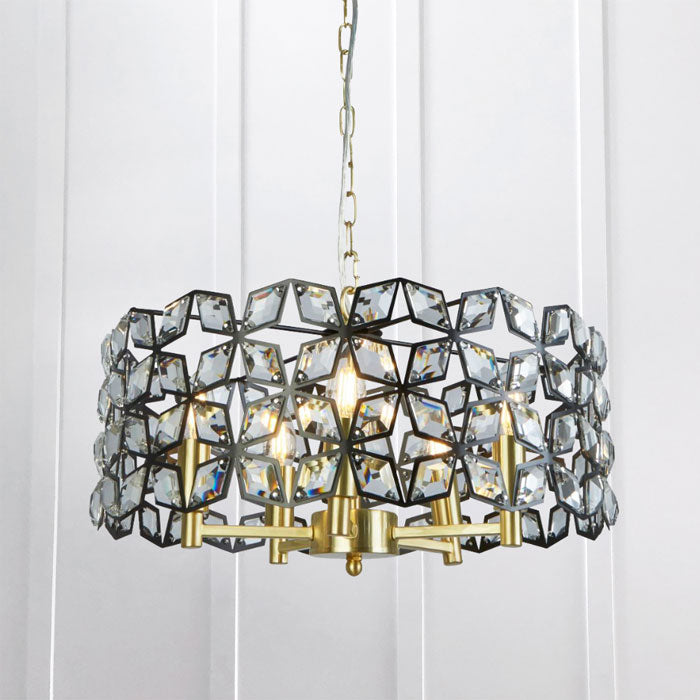 Searchlight Iris 5-Light 48cm Round Pendant in Black Metal with Crystal & Brass 59811-5BSB