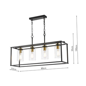 Dar Abel 4 Light Bar Pendant Satin Black and Glass ABE8454