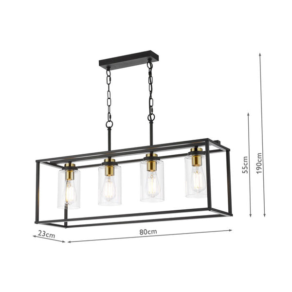 Dar Abel 4 Light Bar Pendant Satin Black and Glass ABE8454