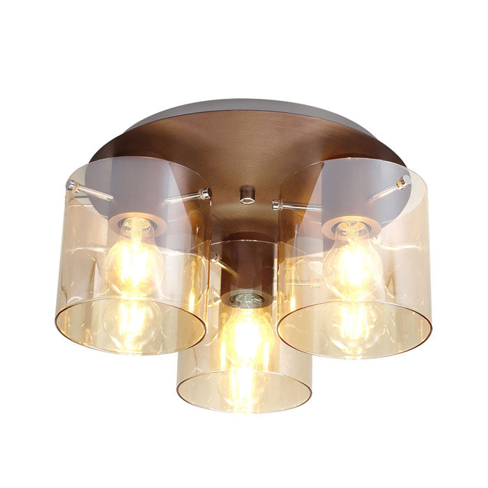 Jene 3 Light Round Ceiling Flush Light In Mocha Finish with Amber Glass