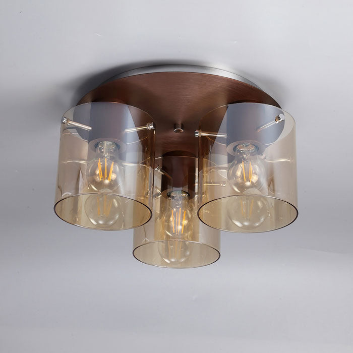 Jene 3 Light Round Ceiling Flush Light In Mocha Finish with Amber Glass