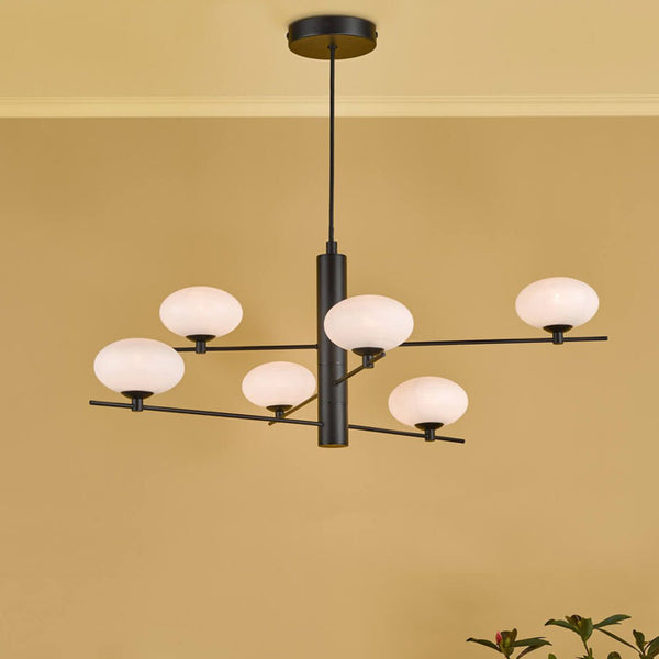 Dar Jasper 6 Light Pendant Matt Black & Opal Glass JAS0622