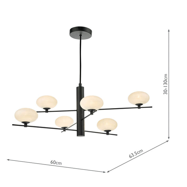 Dar Jasper 6 Light Pendant Matt Black & Opal Glass JAS0622