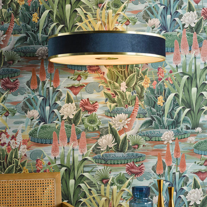 Dar Lighting Alvaro 6 Light Pendant Brushed Brass with Blue Shade ALV1723