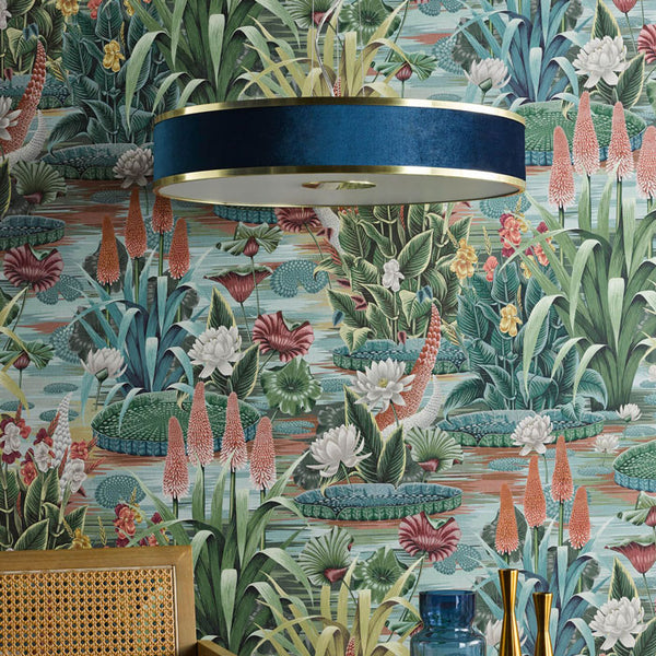 Dar Lighting Alvaro 6 Light Pendant Brushed Brass with Blue Shade ALV1723