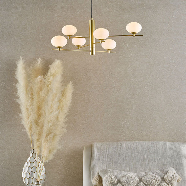 Dar Lighting Jasper 6 Light Pendant Satin Gold and Opal Glass JAS0635