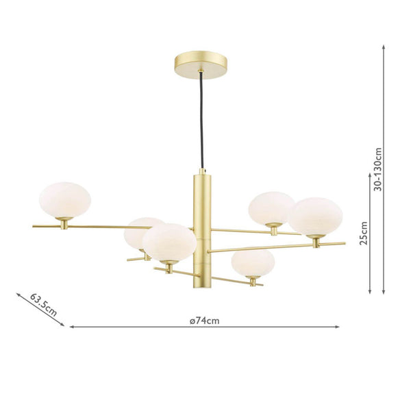 Dar Lighting Jasper 6 Light Pendant Satin Gold and Opal Glass JAS0635
