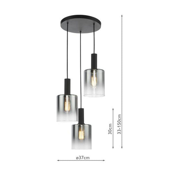 Dar Savannah 3 Light Cluster Pendant Matt Black & Smoked Glass SAV8822