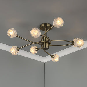 Dar Seattle 8 Light Semi-Flush Antique Brass & Glass SEA0875