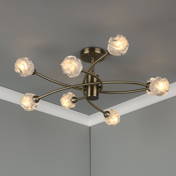 Dar Seattle 8 Light Semi-Flush Antique Brass & Glass SEA0875