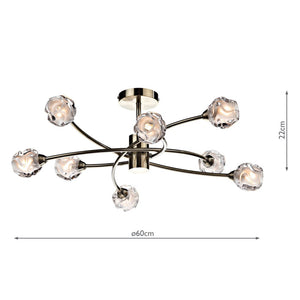 Dar Seattle 8 Light Semi-Flush Antique Brass & Glass SEA0875