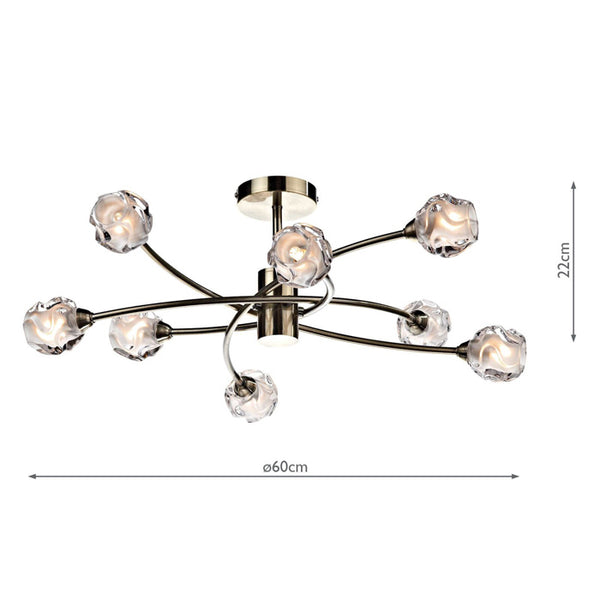 Dar Seattle 8 Light Semi-Flush Antique Brass & Glass SEA0875