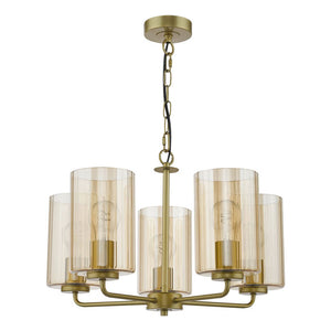 Daylin 5 Light Pendant Satin Gold and Amber Ribbed Glass DAY0535
