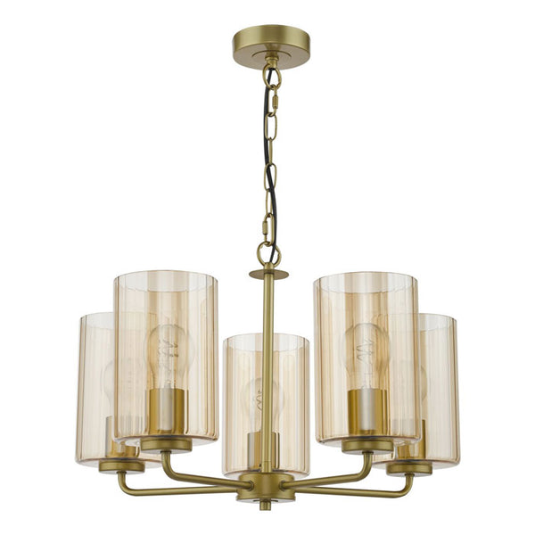 Daylin 5 Light Pendant Satin Gold and Amber Ribbed Glass DAY0535