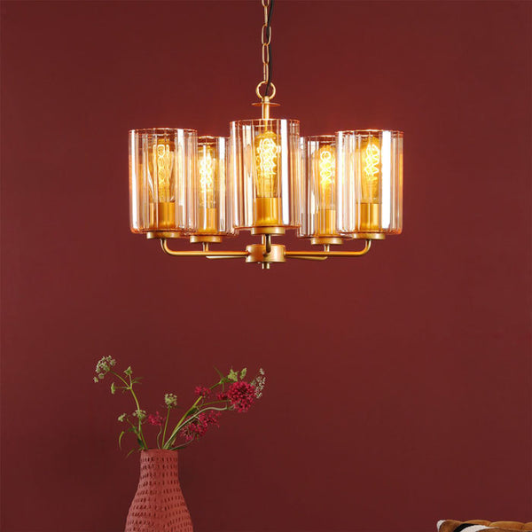 Daylin 5 Light Pendant Satin Gold and Amber Ribbed Glass DAY0535