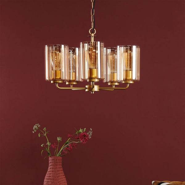 Daylin 5 Light Pendant Satin Gold and Amber Ribbed Glass DAY0535