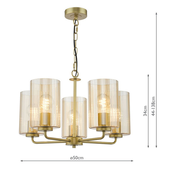 Daylin 5 Light Pendant Satin Gold and Amber Ribbed Glass DAY0535
