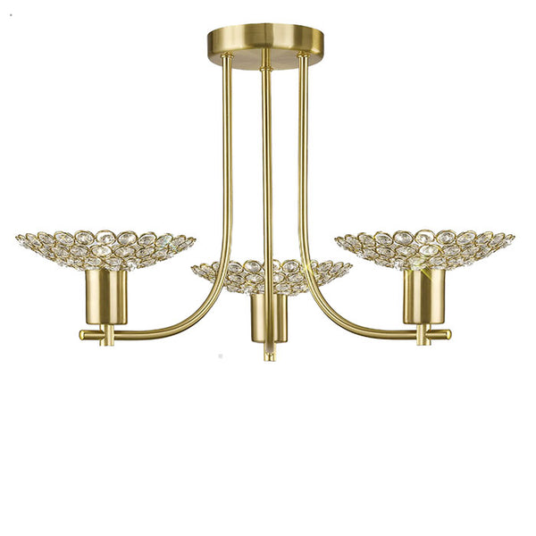 Diyas Ellen Semi Flush 3 Light Pendant in Satin Brass with Crystal IL20601