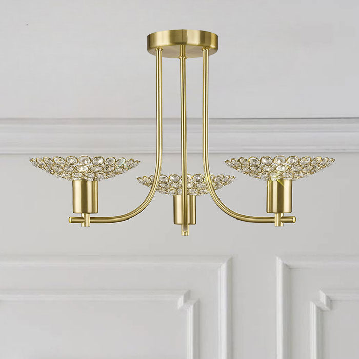 Diyas Ellen Semi Flush 3 Light Pendant in Satin Brass with Crystal IL20601