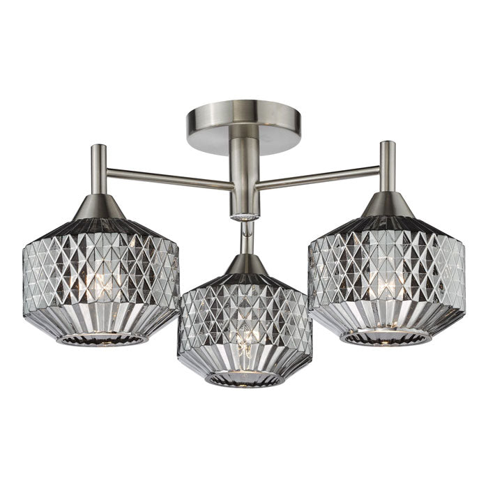 Dar Fabrienne 3 Light Semi-Flush Satin Nickel and Smoked Glass FAB5338