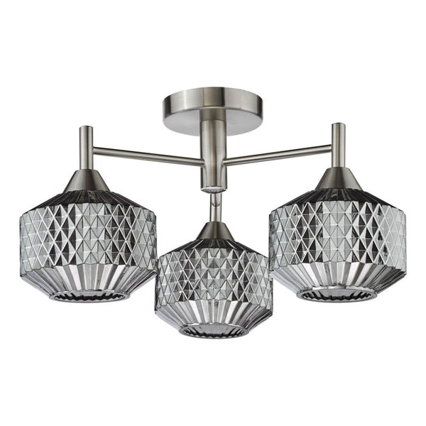 Dar Fabrienne 3 Light Semi-Flush Satin Nickel and Smoked Glass FAB5338