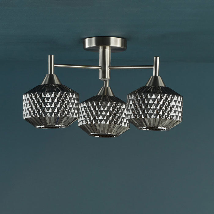 Dar Fabrienne 3 Light Semi-Flush Satin Nickel and Smoked Glass FAB5338