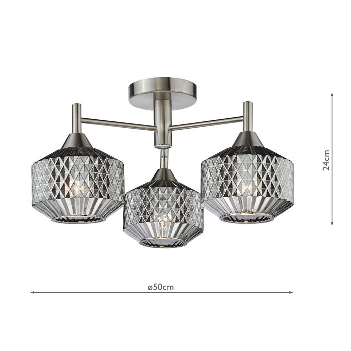 Dar Fabrienne 3 Light Semi-Flush Satin Nickel and Smoked Glass FAB5338