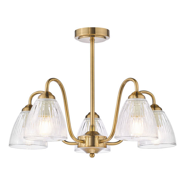 Dar Glynis 5 Light Semi-Flush Brushed Bronze and Ribbed Glass GLY5463