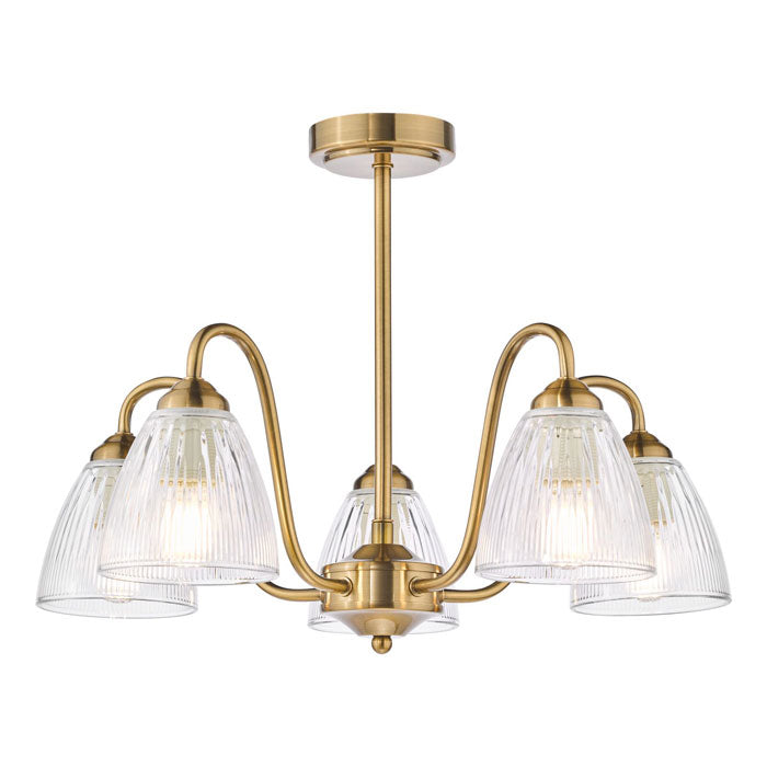 Dar Glynis 5 Light Semi-Flush Brushed Bronze and Ribbed Glass GLY5463