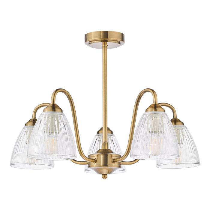 Dar Glynis 5 Light Semi-Flush Brushed Bronze and Ribbed Glass GLY5463