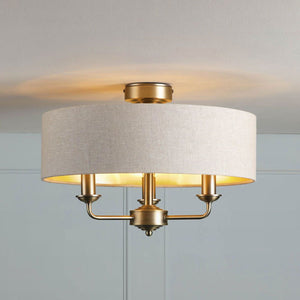 Laura Ashley Sorrento 3 Light Semi-Flush Matt Antique Brass With Natural Shade LA3756750-Q