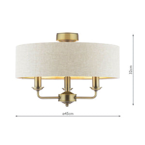Laura Ashley Sorrento 3 Light Semi-Flush Matt Antique Brass With Natural Shade LA3756750-Q