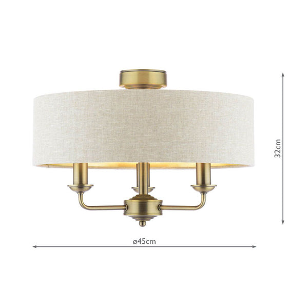 Laura Ashley Sorrento 3 Light Semi-Flush Matt Antique Brass With Natural Shade LA3756750-Q