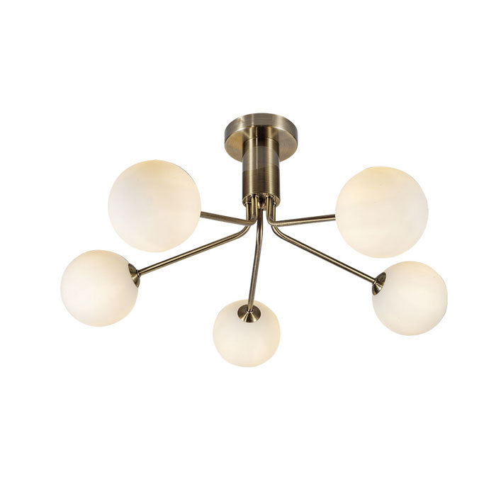 Magnalux Lando 5 Light Semi Flush Antique Brass with Opal Ball LAN05AB