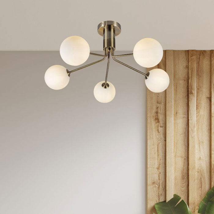 Magnalux Lando 5 Light Semi Flush Antique Brass with Opal Ball LAN05AB