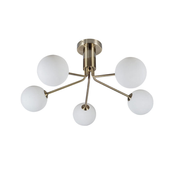 Magnalux Lando 5 Light Semi Flush Antique Brass with Opal Ball LAN05AB