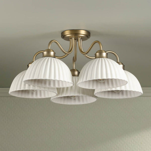 Laura Ashley Durford 5 Light Semi-Flush Matt Antique Brass & White Ceramic LA3756725-Q