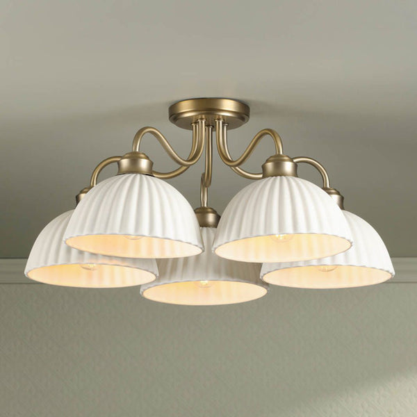 Laura Ashley Durford 5 Light Semi-Flush Matt Antique Brass & White Ceramic LA3756725-Q