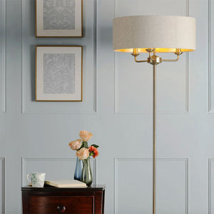 Laura Ashley Sorrento 3 Light Floor Lamp Matt Antique Brass with Natural Shade – LA3756755