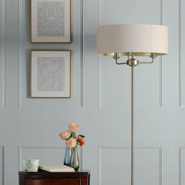 Laura Ashley Sorrento 3 Light Floor Lamp Matt Antique Brass with Natural Shade – LA3756755-Q