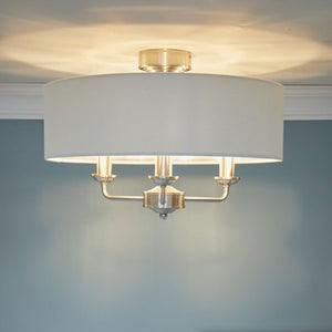 Laura Ashley Sorrento 3 Light Semi-Flush Satin Nickel and Natural With Shade LA3756393-Q