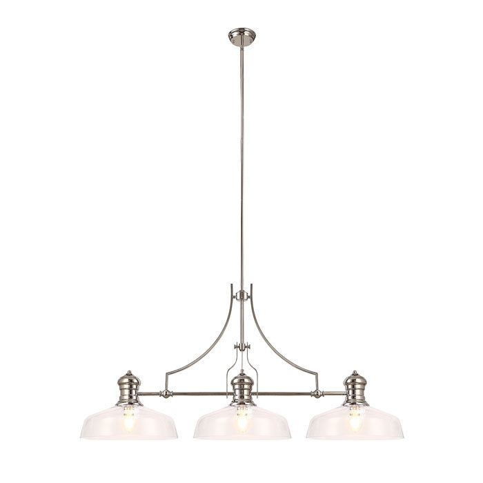 Ori Linear Pendant in Polished Nickel with 3 Flat Round Clear Glass Shades