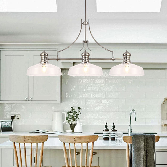 Ori Linear Pendant in Polished Nickel with 3 Flat Round Clear Glass Shades