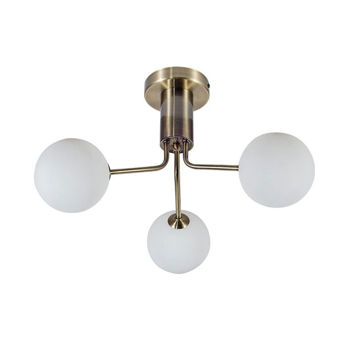 Magnalux Lando 3 Light Semi Flush Antique Brass with Opal Ball LAN03AB