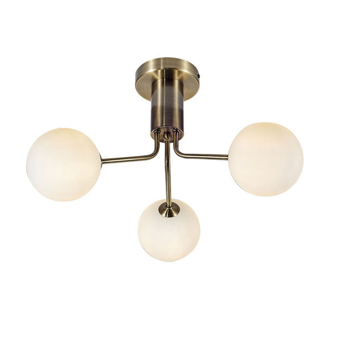 Magnalux Lando 3 Light Semi Flush Antique Brass with Opal Ball LAN03AB