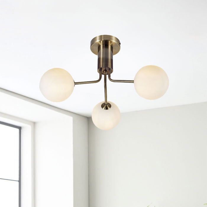 Magnalux Lando 3 Light Semi Flush Antique Brass with Opal Ball LAN03AB