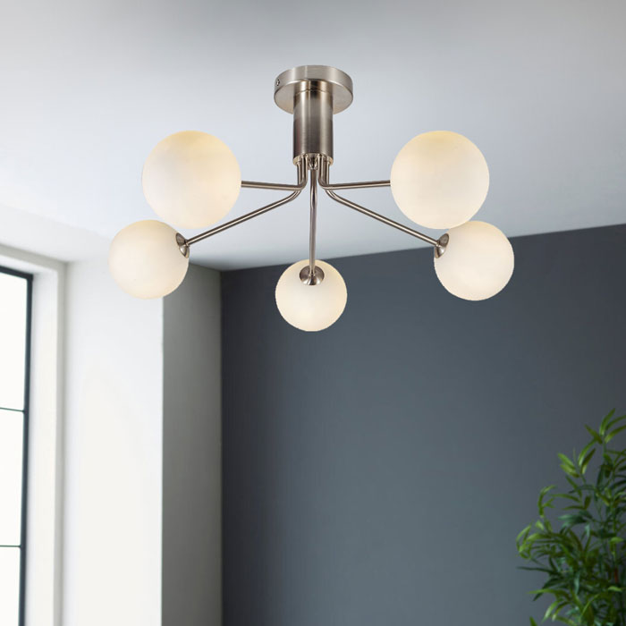 Magnalux Lando 5 Light Semi Flush Satin Chrome with Opal Ball LAN05SC